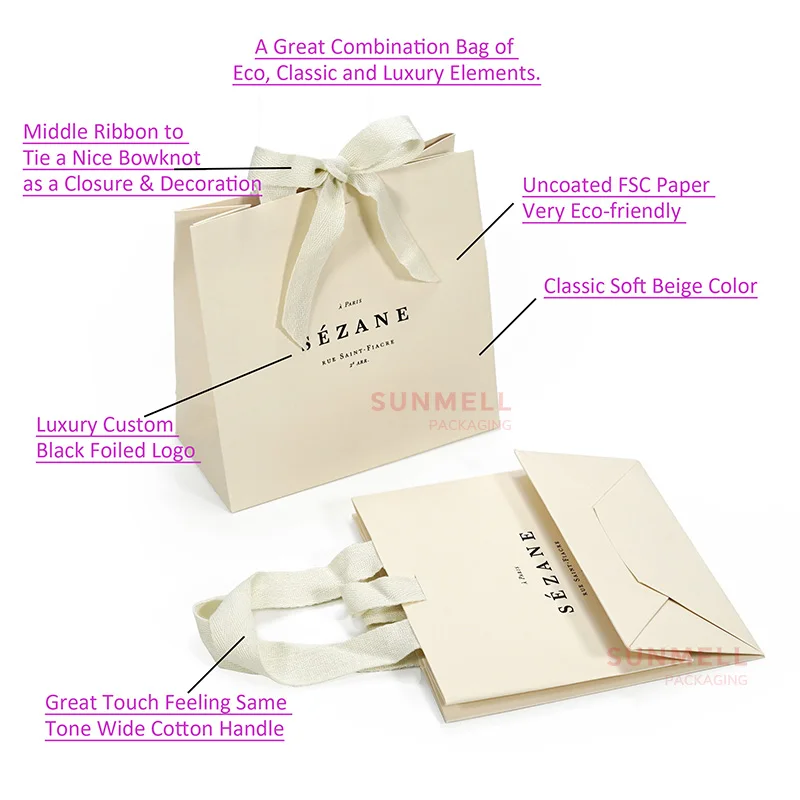 Sac à provisions en papier kraft beige crème de luxe recyclé avec votre  propre nœud à poignée en ruban avec logo pour emballage de cadeaux  Impression