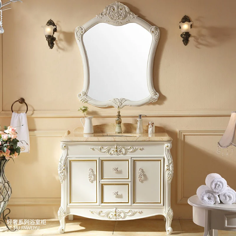 【にレーザー】 新しいフロアヨーロッパバスルームキャビネットコンビネーションアンティーク無垢材オークコンビネーションバスルーム洗面台