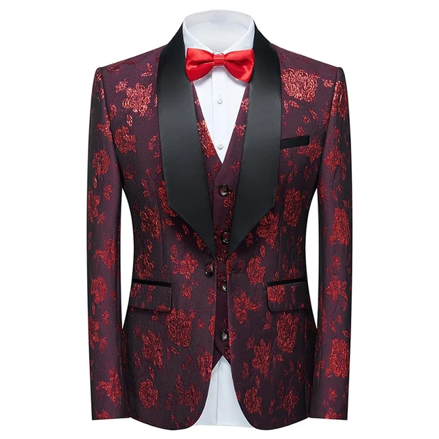 Wedding Men Suits 3 Pieces red Jacquard Black Shawl Lapel Tailored Jacket Waistcoat Pants Men Suit Set for Wedding
