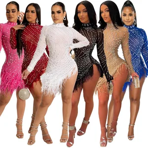 Asymmetric Rhinestones Pearl Feathers Sparkling Luxury Mesh Mini Long Sleeve Elegant Evening Dresses