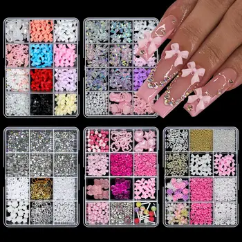 Hot-Selling 3D Ribbon Butterfly Nail Jewelry Set French Resin DIY Accessories with Pearl Moon Love Resin Stickers & Decals