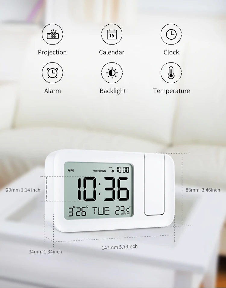 Réveil à Projection Numérique LED - Horloge Projection 180° Plafond/Mur, Batterie Rechargeable USB - Lumière Verte