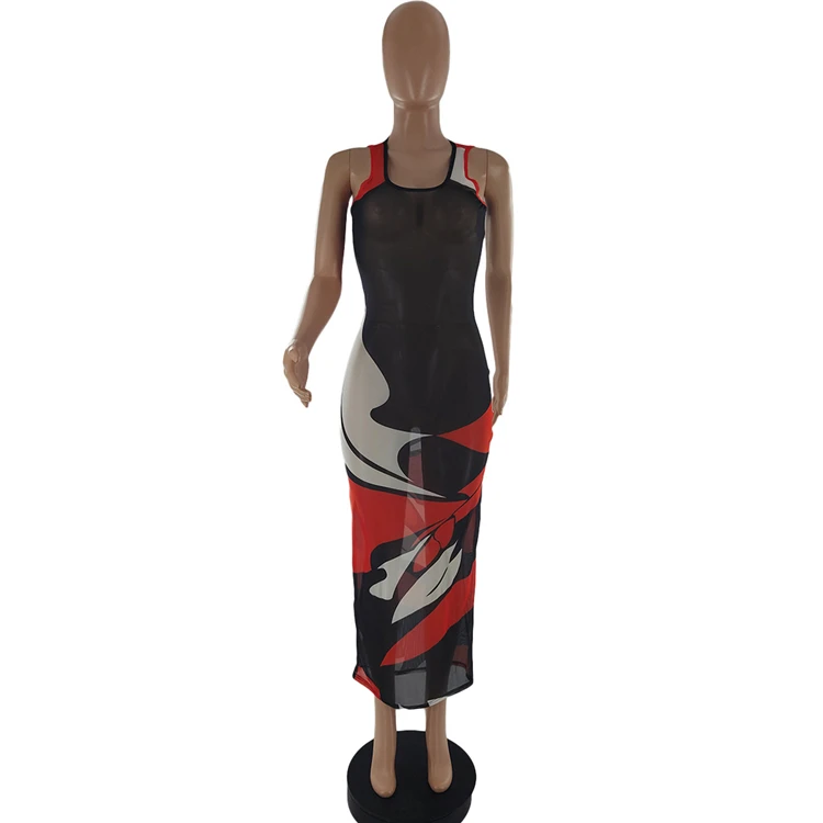 S956-hot sales 2021 sleeveless printed see through mesh dress stylish sexy dress