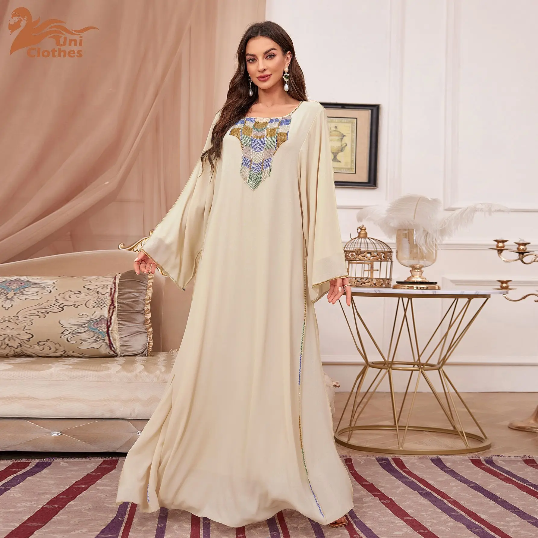 Robe De Soirée Musulmane Pour Femme - Col Rond - Robe En Mousseline De Soie - Robe Abaya Musulmane