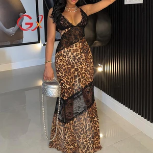 GX0168 Ladies Street Wear Summer Sexy Sleeveless V-Neck Lace Matching Leopard Printed Long Dress Sexy Nigh Club Maxi Dresses