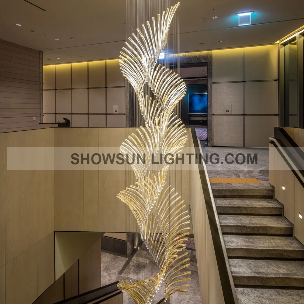 Роскошная люстра для украшения отеля, современный длинный стеклянный подвесной светильник, освещение лестницы для высоких потолок