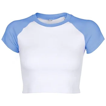 Unique Apparel Cotton Ribbed Crop Top Summer Short Sleeve Casual Raglan T Shirt For Women