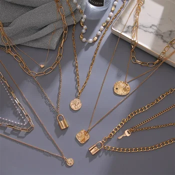 Vintage Multi Layered Women's Necklaces Pearl Round Coin Gold Necklaces Bohemia Fashion Long pendant Necklace 2021 Jewelry