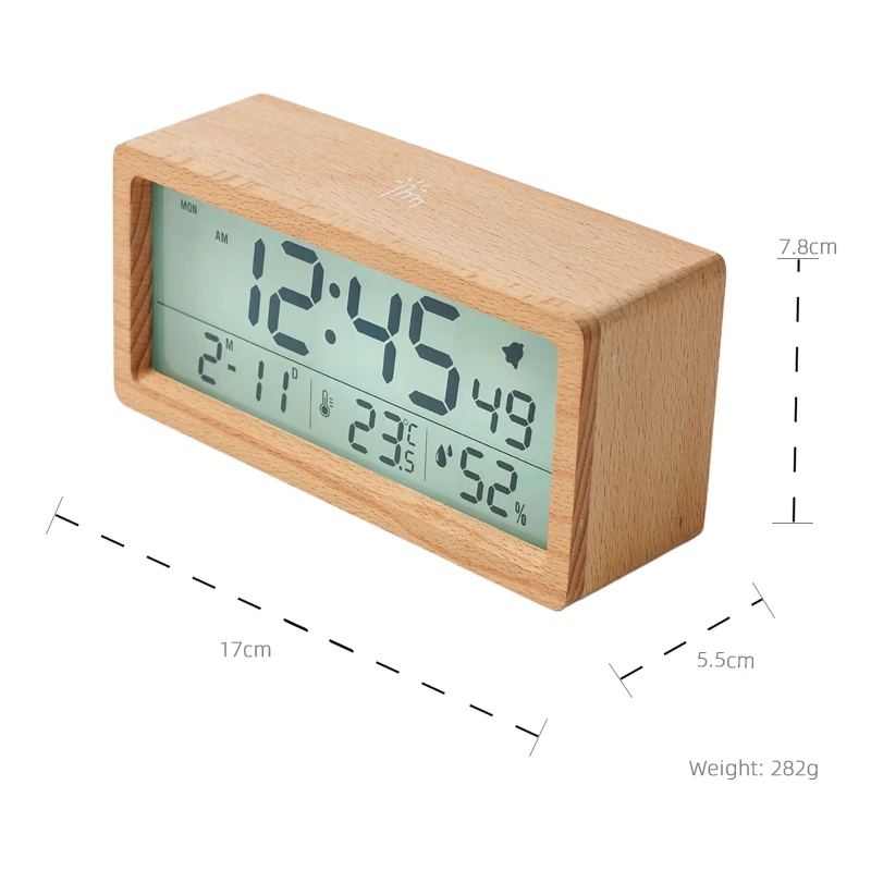 New Wooden Style Beautiful LCD Screen Digital Home Bedroom Calender Temperature Humidity and Snooze Electric Clock