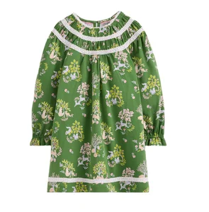 Autumn Children Girls O-Neck Lace Breathable Green Print Maxi Length Long Sleeve Velvet Polyester/Cotton Dresses