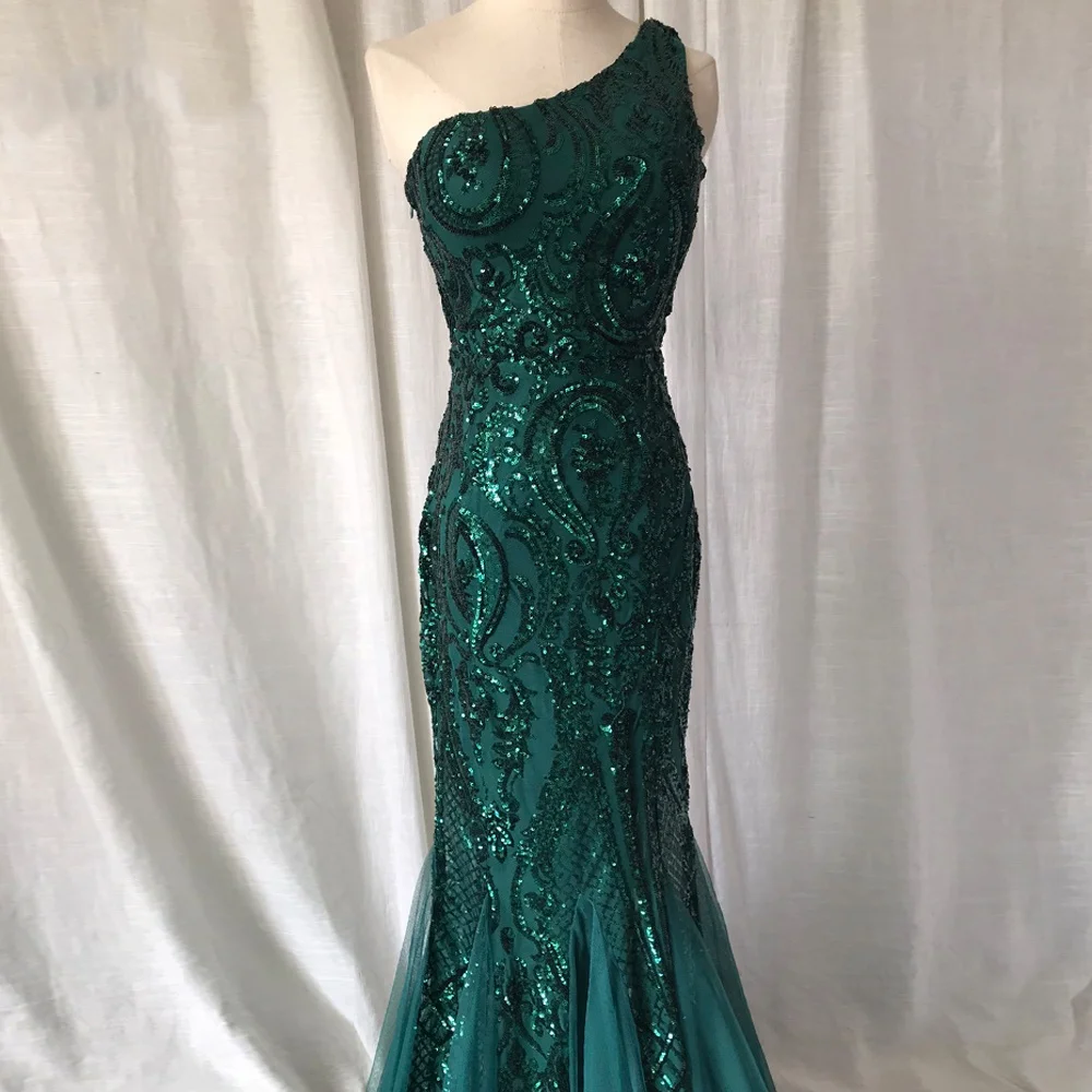 One Shoulder Emerald Evening Prom Gown Green Sequined Long Mermaid ...