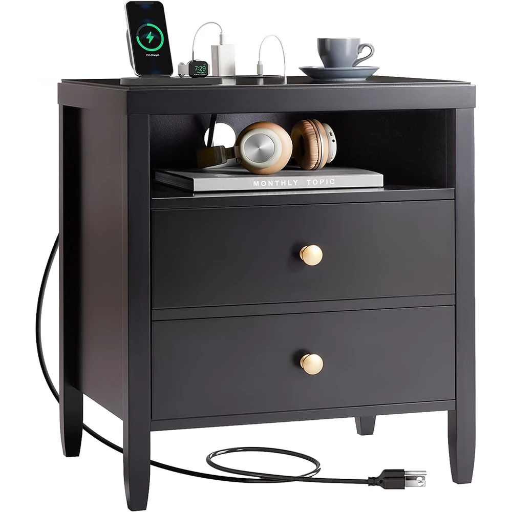 Nightstand Charging Station Black 2 Drawers Bed Side/Bedside Table Storage Modern Metal Knobs Assembled