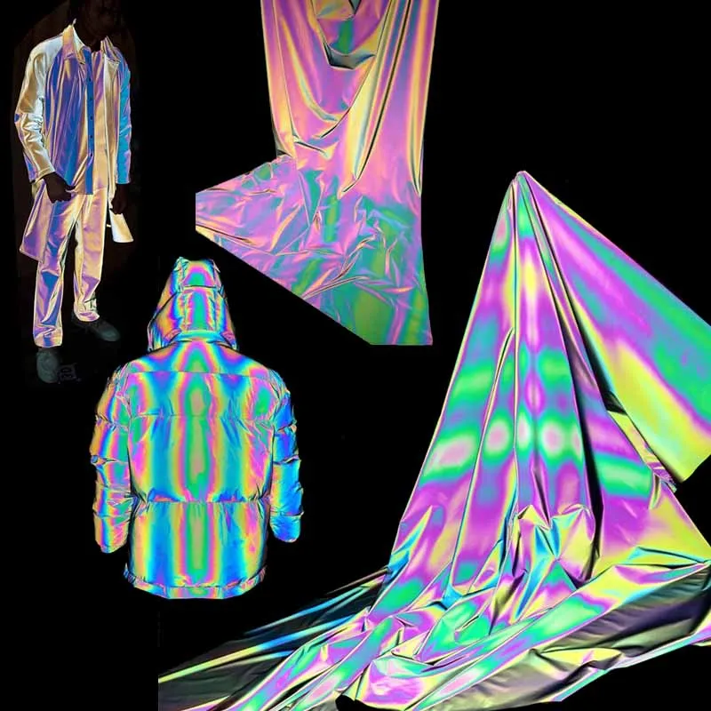 High Elastic 4 Way Stretch Breathable Iridescent rainbow Rhombic square Diamond Stylish Pattern Printing Retro Reflective Fabric