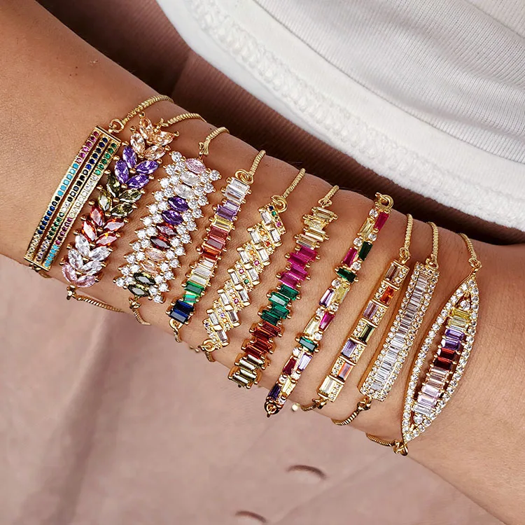 Multicolor Zircon Gemstones Pave Bar Bracelet Connector Charm Beads Silver Gold 