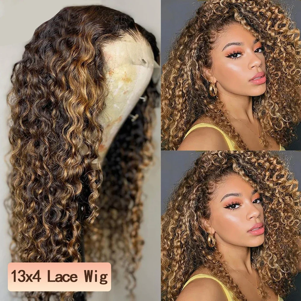 Parrucca frontale in pizzo con onde d'acqua biondo miele, capelli umani, 30 pollici, onda profonda sciolta frontale_voghion.com