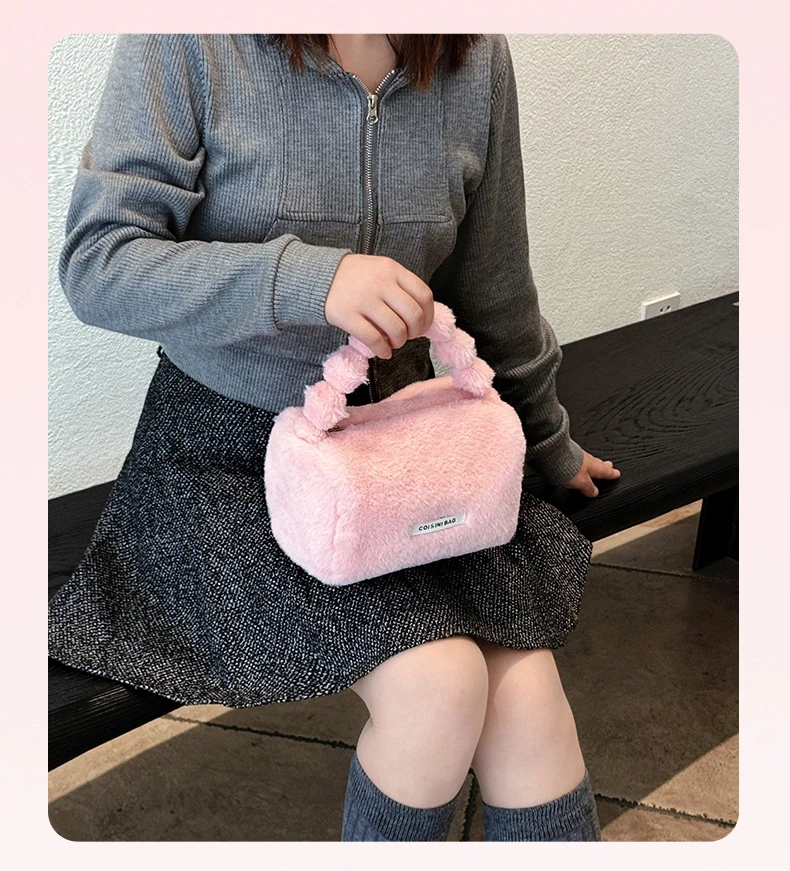 Cute Faux Rabbit Plush Women Tote Bag Handbag Portable Travel Pink ...