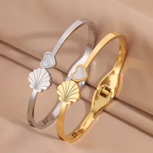 MW Wholesale High Polished 18K Gold Stainless Steel Bangle Heart and Conch Shape Pattern Waterproof Openable Bangle for Women