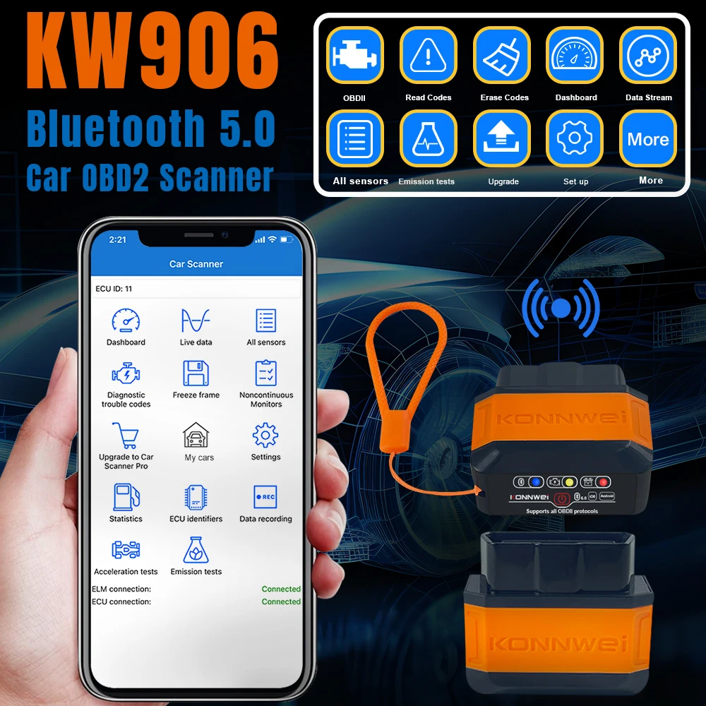 Protocol Car OBD2 Engine System Diagnosis Tool KONNWEI Wireless Bluetooth KW906 OBD2 Diagnostic Scanner for 12V Vehicle