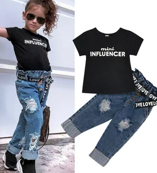Y107139 1-6Y Summer Toddler Kids Baby Girl Clothes Sets Letter Tops T-Shirt Denim Pants Jeans Outfits Clothing