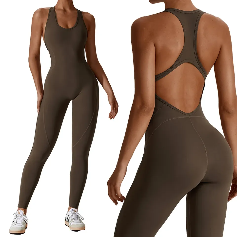 Aoyema Workout Tummy Control One Piece Set Sleeveless and Backless Yoga Leggings Sportswear Jumpsuit