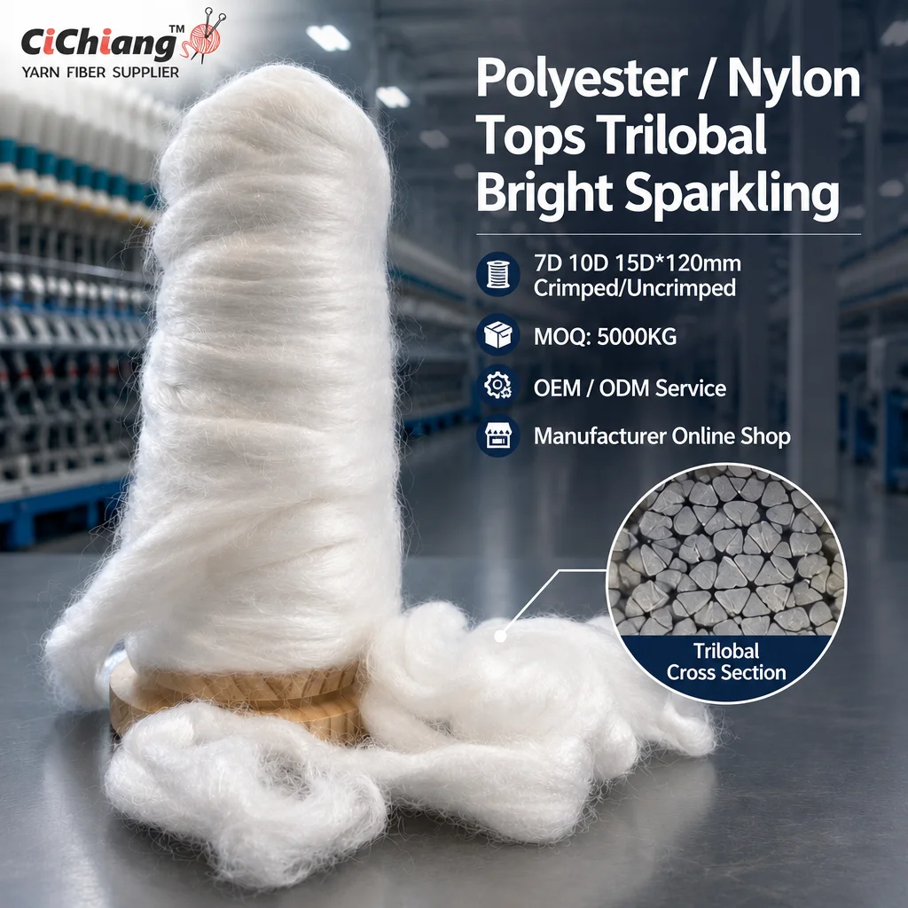 Oeko-Tex Standard 100 Semi Dull Raw Nylon 6 Fancy Tops 7D 10D 15D 102~120mm Trilobal Bright Sparkling Crimped/uncrimped Fiber Oeko-Tex Standard 100 Semi Dull Raw Nylon 6 Fancy Tops 7D 10D 15D 102~120mm Trilobal Bright Sparkling Crimped/uncrimped Fiber
