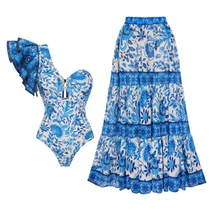 2024 Shoulder Ruffle Swimsuit With Beach Skirt Sexy Beachwear Bodysuit Monokin Floral Printed Swimwear Women V Neck Bathing Suit