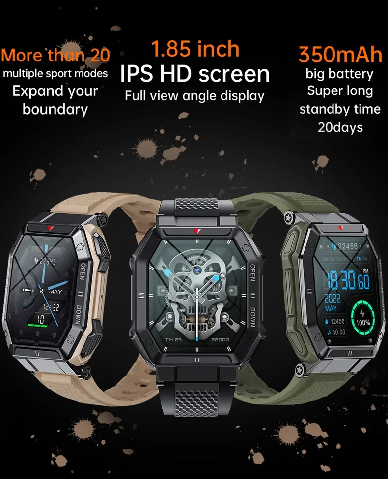Smart Watch Rugged 1.85 Inch BT Calling Outdoor Military Smartwatch K55 Heart Rate Blood Oxygen for Men (2).jpg