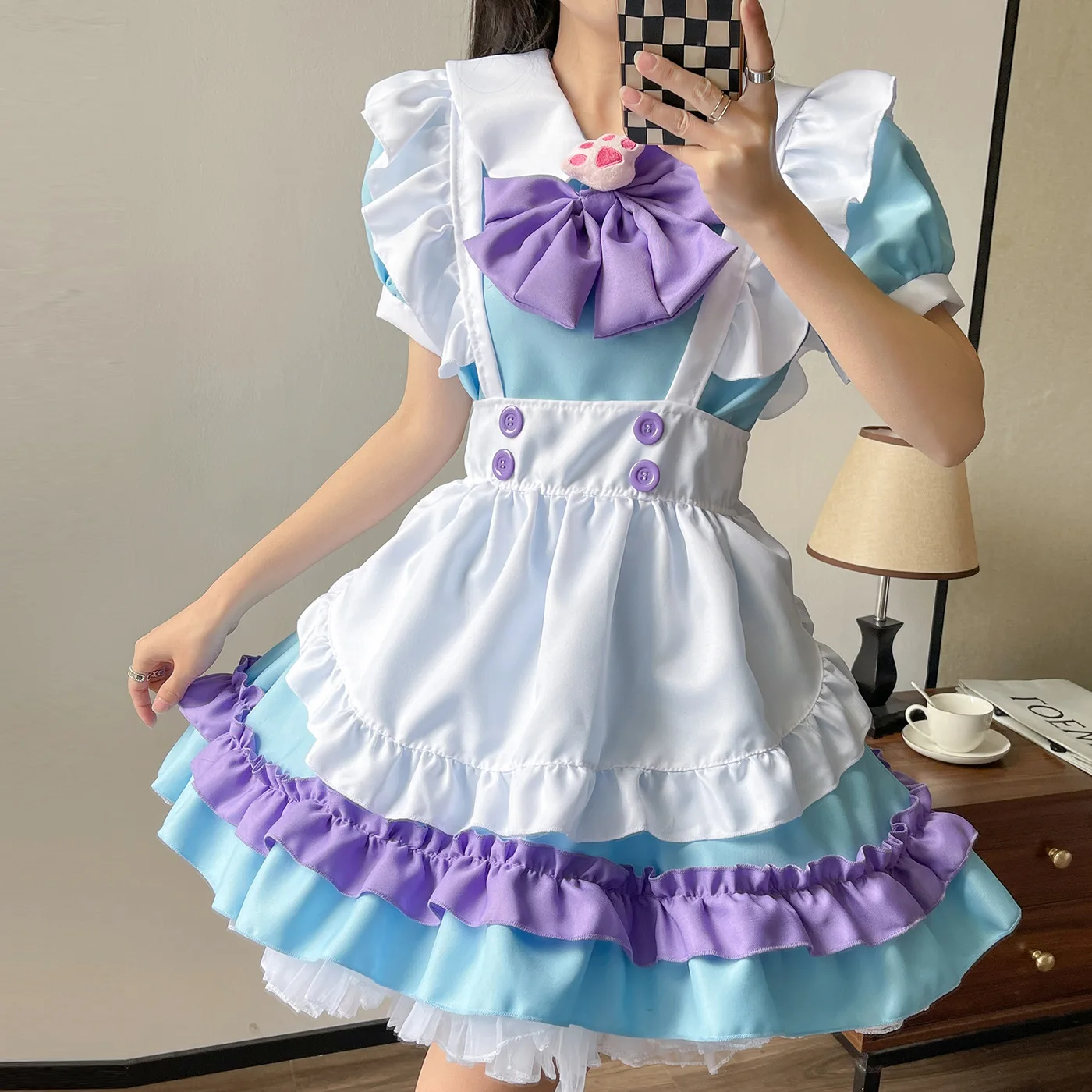 Kawaii Lolita Anime Maid Outfit - Pink & Blue Cosplay Costume for Women,  Sexy Lingerie Maid Uniform for Events