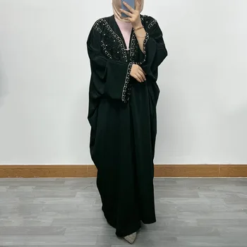 High Quality Ladies Muslim Ethnic Dolman Sleeve Evening Dress Islamic Lace Edge Long Cardigan Abaya for Women