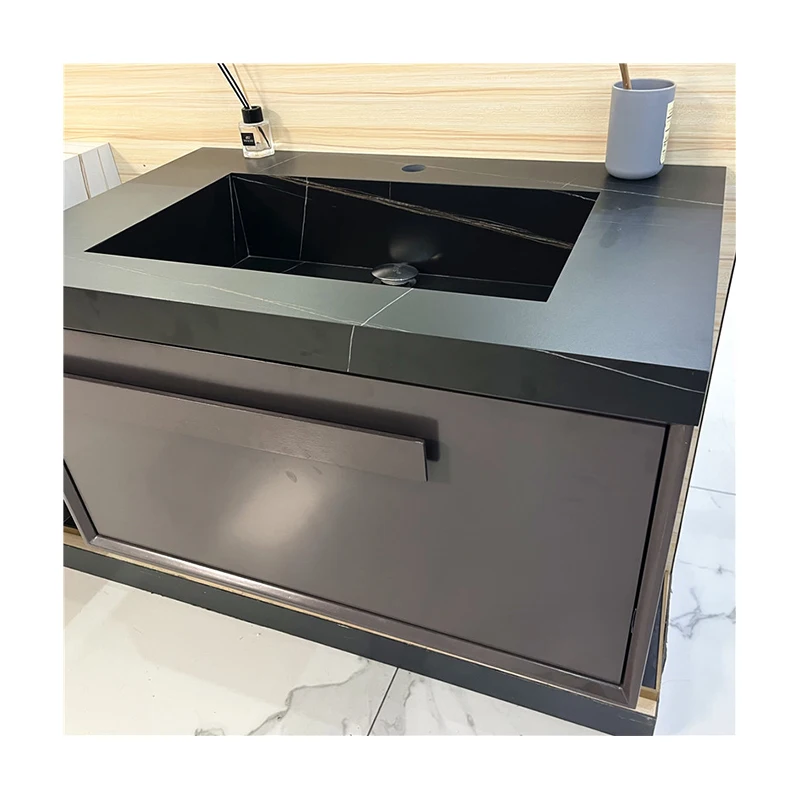 Hot Sell Black Sintered Stone Bathroom Vanity Basin Cabinet Factory Supply Artificial Sintered Stone Vanity Top For Hotel