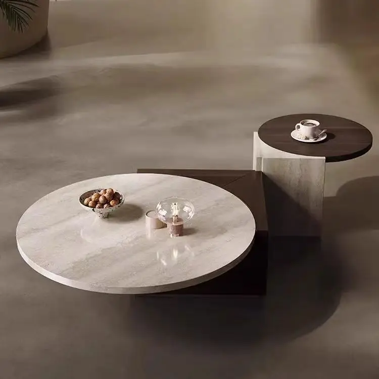 Modern Coffee Table Round Marble Stone Wooden with Storage Home Furniture Living Room Travertine Coffee Table Set
