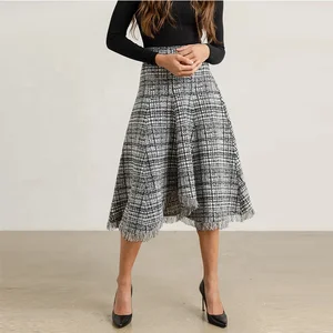Clothing Manufacturer Custom Spring Autumn Gray High Waisted Stretch Elegant Casual Women Tweed Skirt