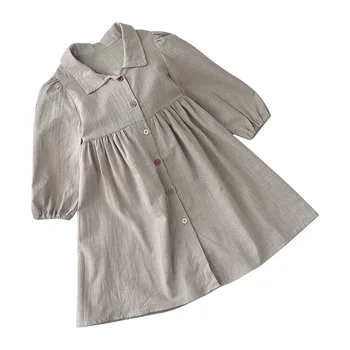 Children's clothing new spring and autumn girls baby dresses long-sleeved lapel ins cotton and linen baby casual princess dress