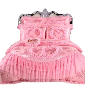 Hot Sale 100% Cotton Pink Color Style Jacquard Lace Princess Bed Set Luxury Wedding Duvet Cover Set