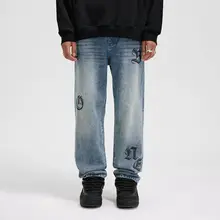 Washed Denim Print Y2K Baggy Jean Men Cotton Faded Custom Logo Mens Denim Pant's Letter Printed Straight Men's Jean