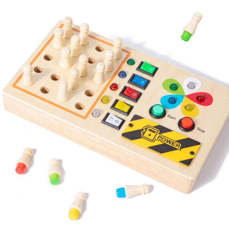 Educational Memory Chess Game for Boys and Girls Montessori Wooden Busy Board with 10 LED Lights Toddlers Activity Travel Toys