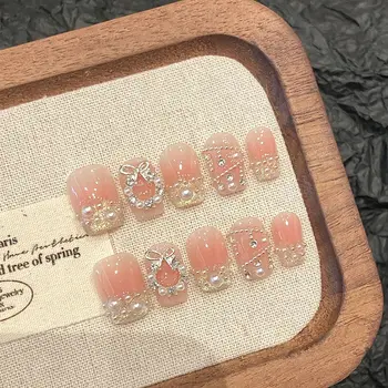 Dream High-End French Pearl Wreath Short Armor Christmas Nail Art Pure Hand-Dressed Artificial Fingernails for Christmas Eve