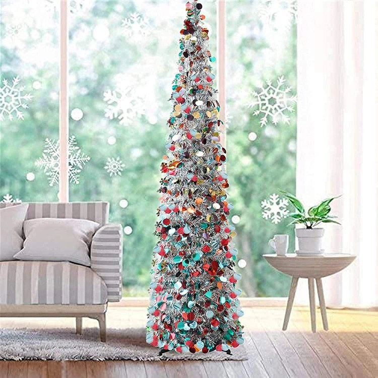 5ft Pop Up Collapsible Artificial Silver Multicoloured Tinsel Christmas Tree for Holiday Carnival Party Decorations