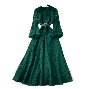 Customize Vintage Casual Sustainable Breathable Washable Woven Midi Dress for Women Puff Sleeve Empire Hollow Out Lace