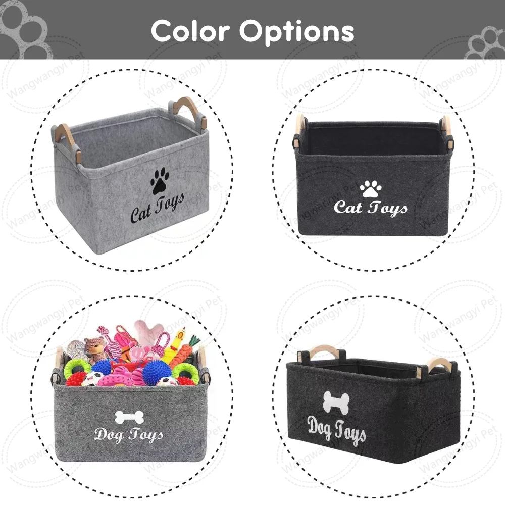 Foldable Felt Dog Cat Toy Storage Basket Large Pet Toy Box With Wooden
