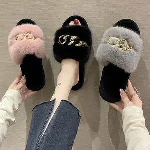BUSY GIRL XLFL01 Autumn and Winter New Style Metal Chain Fur slippers Women's Fashionable Warm Large Fur Flat Heel Flip Flops