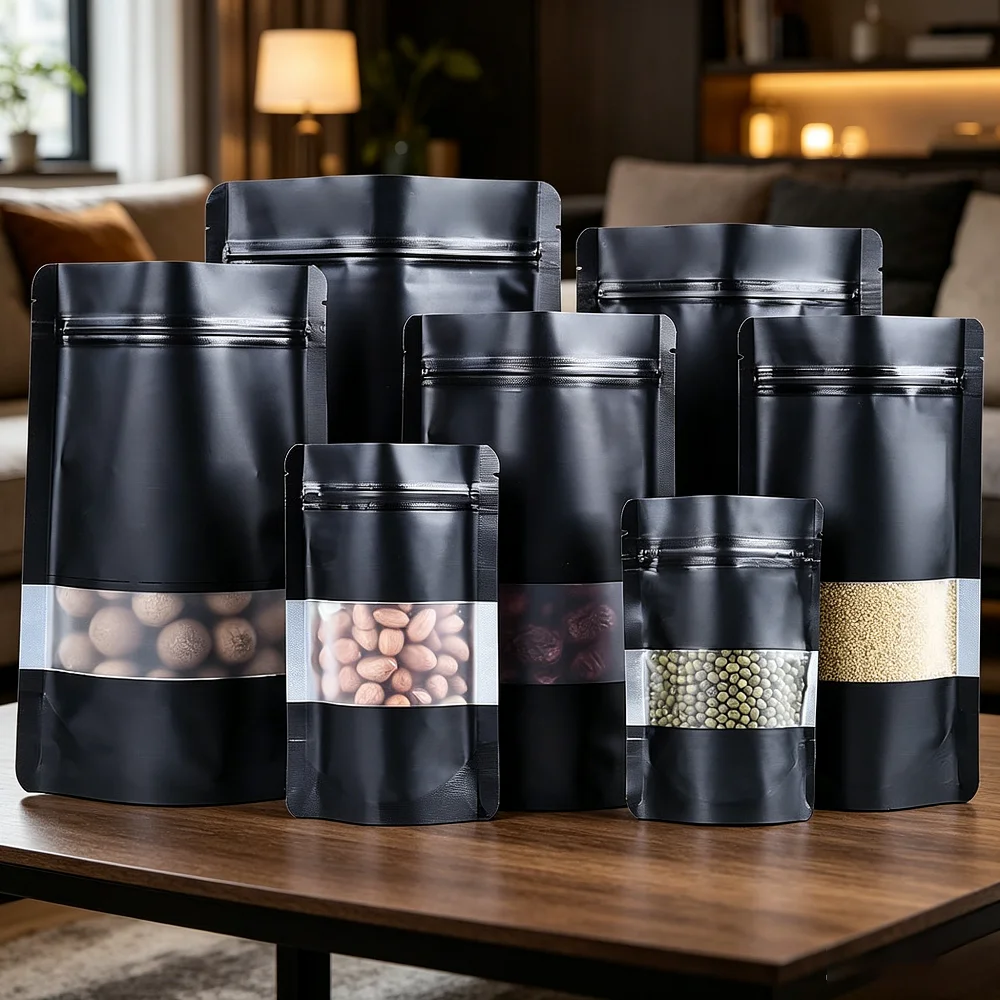 0.2mm Custom Black Frosted Window Zipper Bag for Food Packaging Print for Spices Dry Fruits Chewing Gum  Canned Food Wholesale
