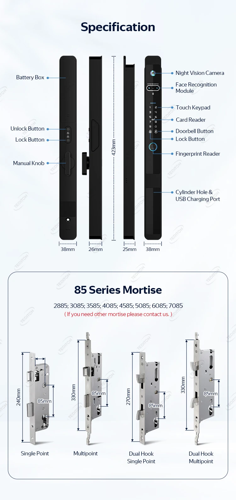 Tediton Waterproof Smart Aluminum Door Lock Fingerprint Password Narrow