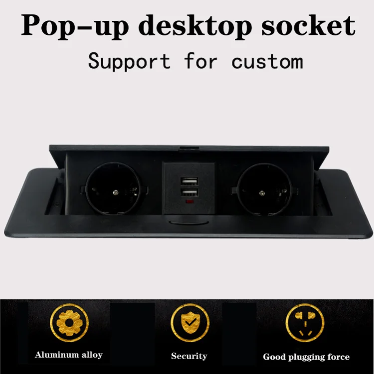 Black top grade desktop power socket Two USB sockets slowly pop up embedded European standard conference desktop socket