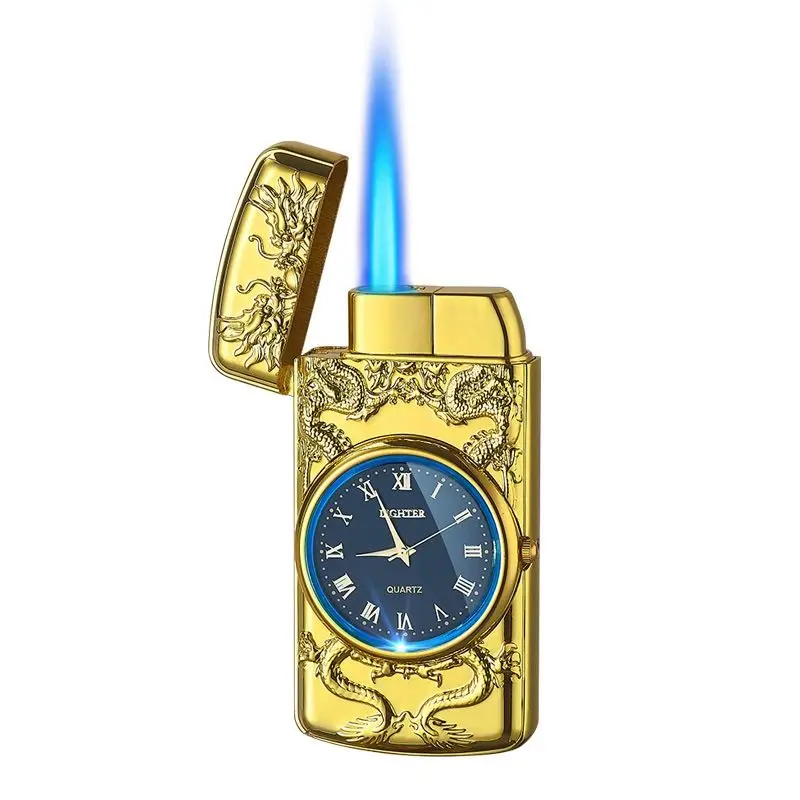 KY Creative Inflatable Watch Lighter Embossed Dragon Blue Flame Jet Torch Metal Cigarette Lighter for Smoking