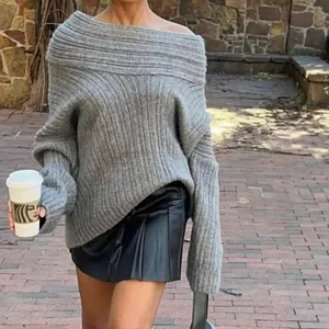 2026 Autumn Solid Color Loose Pullover Women's Elegant Fashion Off-Shoulder Knit Top Women Products Trending