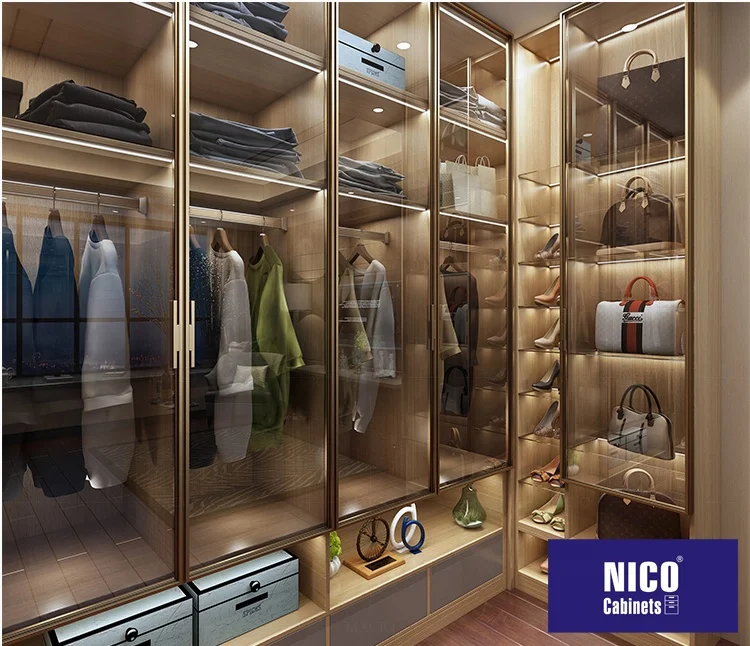 NICOCABINET Высококачественная индивидуальная Роскошная золотая стеклянная дверь современный шкаф мебель для чулана