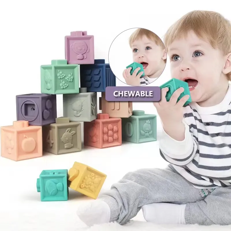 Soft Stacking Building Blocks Teething Cups Toys Silicone Stacking Blocks Rings Baby Sensory Toy for Infants Toddler and Kids