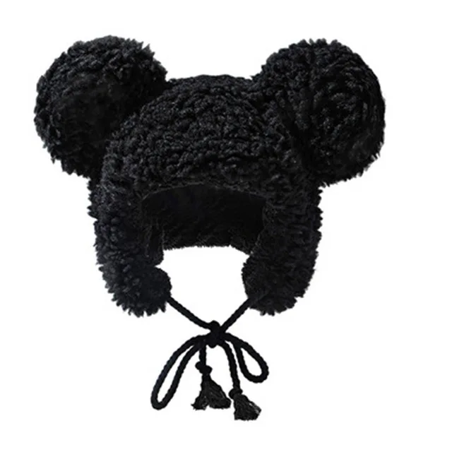 Women Black Winter Beanie Hats Knit Ear Flaps Cute Stuffed Bear Ears Fleece Women Winter Beanie Hats Knit Ear Flaps Cute Stuffed Bear  main image 3