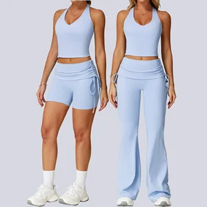 High Waist Activewear GYM Sport Wear Women Tank Vest Top Yoga Pants Leggings Flares Clothes Fitness Wear Yoga Set For Women Girl